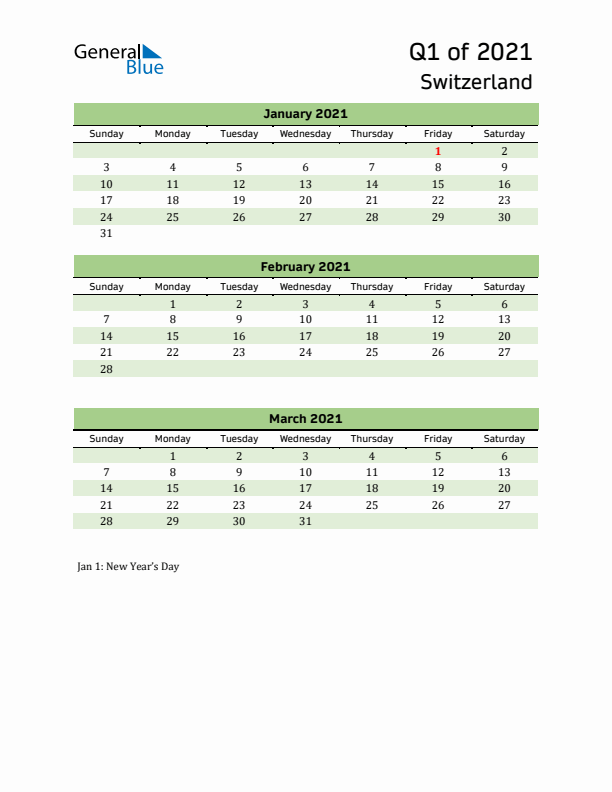 Quarterly Calendar 2021 with Switzerland Holidays