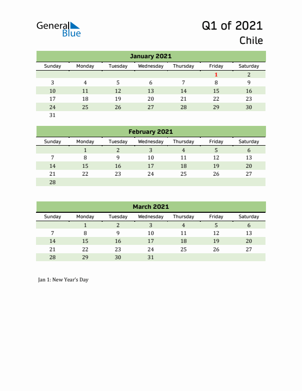 Quarterly Calendar 2021 with Chile Holidays