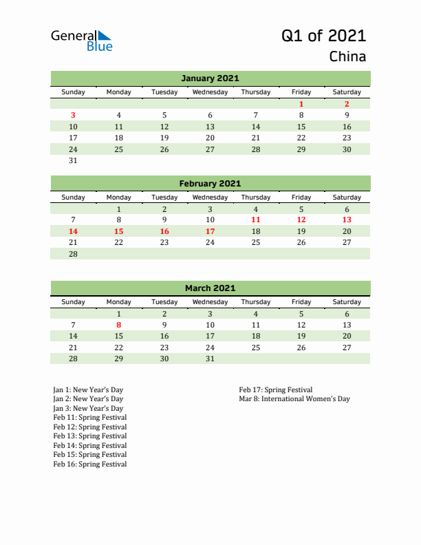 Quarterly Calendar 2021 with China Holidays