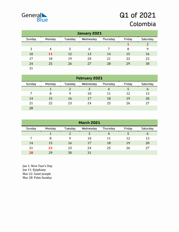 Quarterly Calendar 2021 with Colombia Holidays