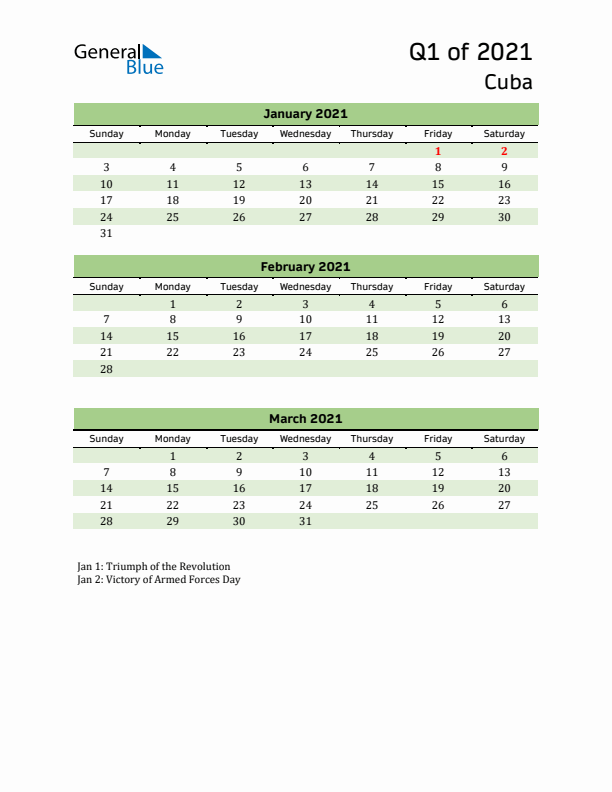 Quarterly Calendar 2021 with Cuba Holidays