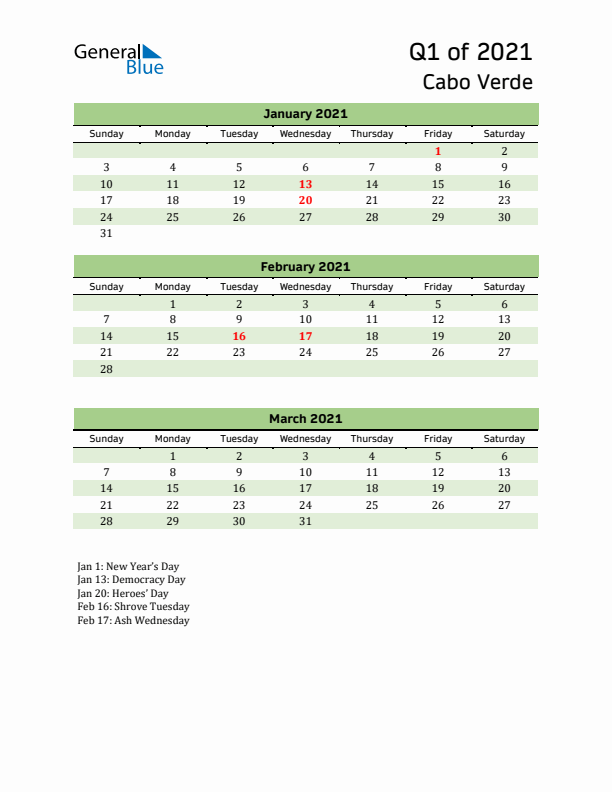 Quarterly Calendar 2021 with Cabo Verde Holidays