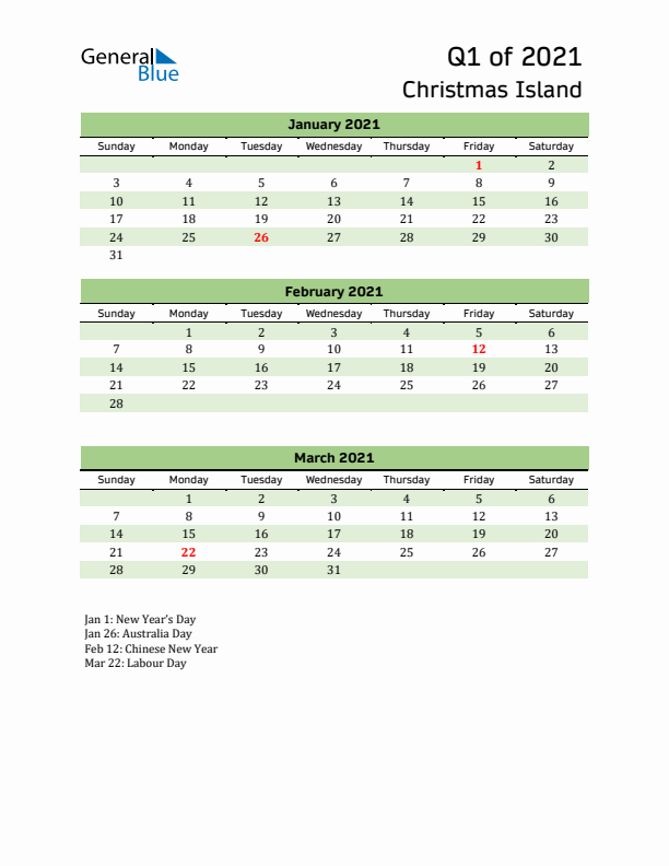 Quarterly Calendar 2021 with Christmas Island Holidays