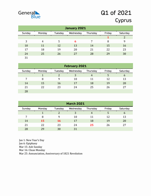 Quarterly Calendar 2021 with Cyprus Holidays