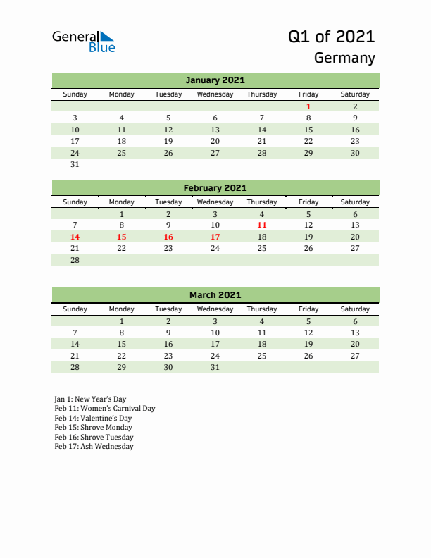 Quarterly Calendar 2021 with Germany Holidays