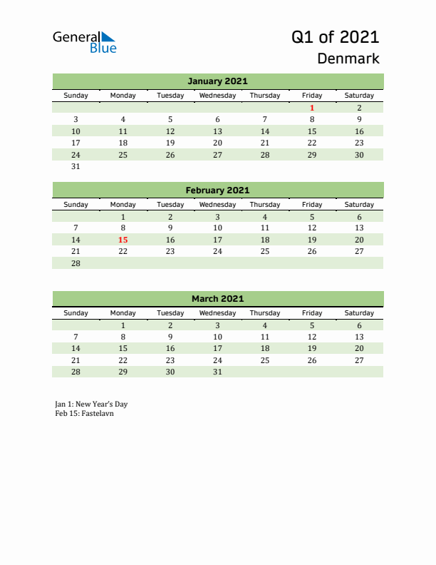 Quarterly Calendar 2021 with Denmark Holidays