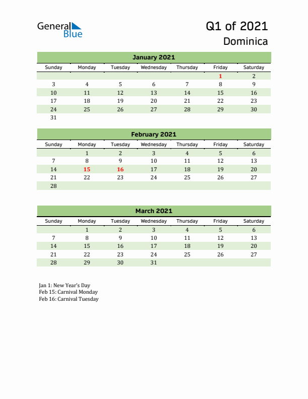 Quarterly Calendar 2021 with Dominica Holidays