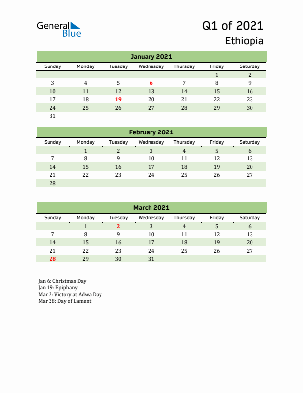 Quarterly Calendar 2021 with Ethiopia Holidays