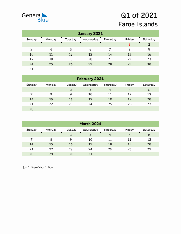 Quarterly Calendar 2021 with Faroe Islands Holidays