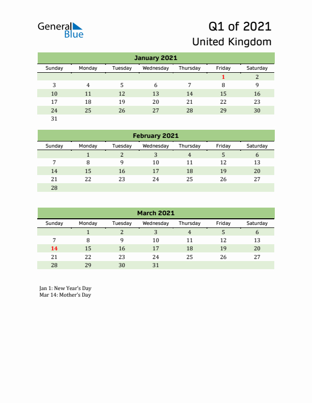 Quarterly Calendar 2021 with United Kingdom Holidays