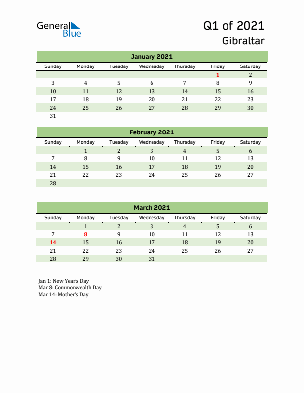 Quarterly Calendar 2021 with Gibraltar Holidays