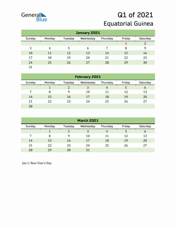 Quarterly Calendar 2021 with Equatorial Guinea Holidays