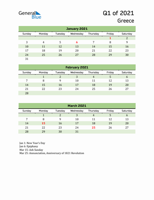 Quarterly Calendar 2021 with Greece Holidays