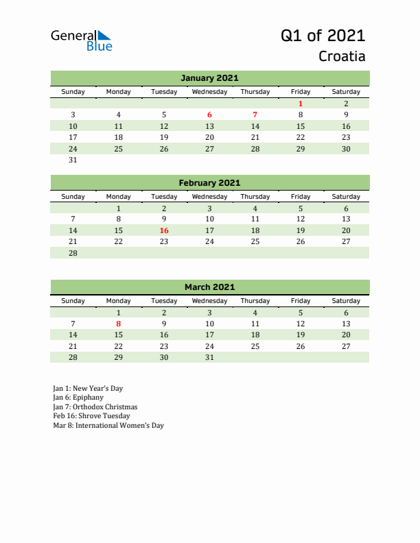 Quarterly Calendar 2021 with Croatia Holidays