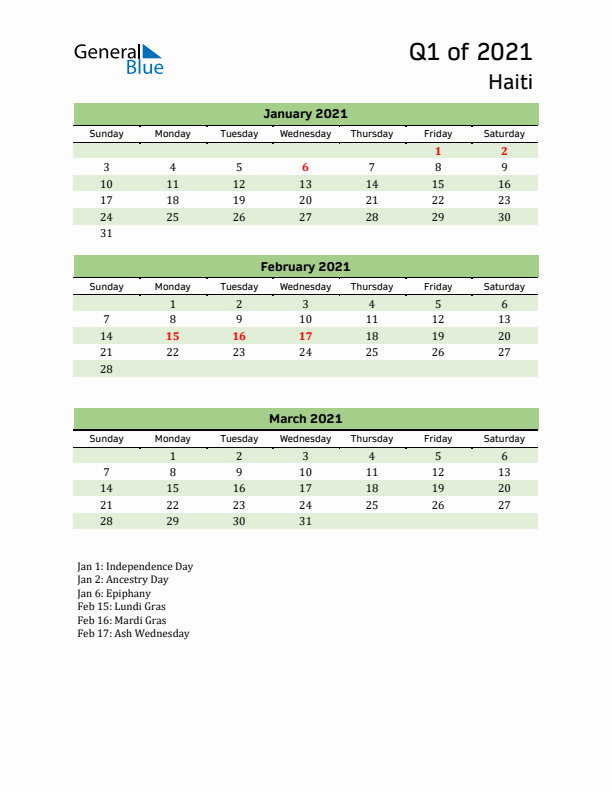 Quarterly Calendar 2021 with Haiti Holidays