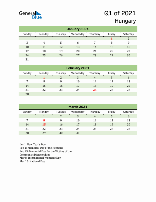 Quarterly Calendar 2021 with Hungary Holidays