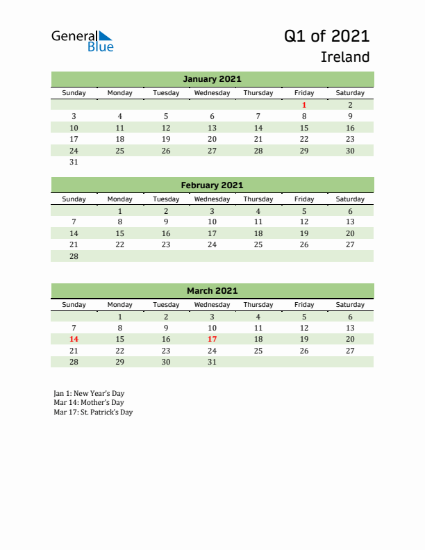 Quarterly Calendar 2021 with Ireland Holidays