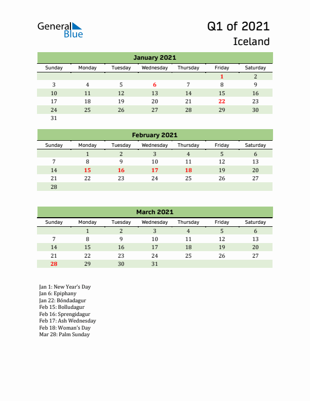 Quarterly Calendar 2021 with Iceland Holidays