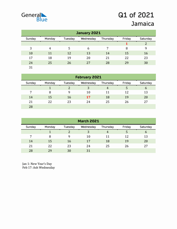 Quarterly Calendar 2021 with Jamaica Holidays