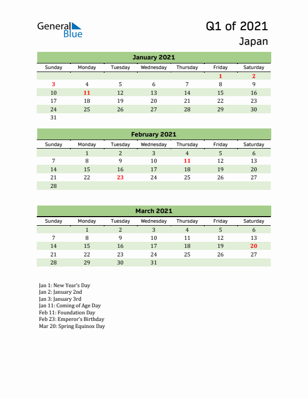 Quarterly Calendar 2021 with Japan Holidays