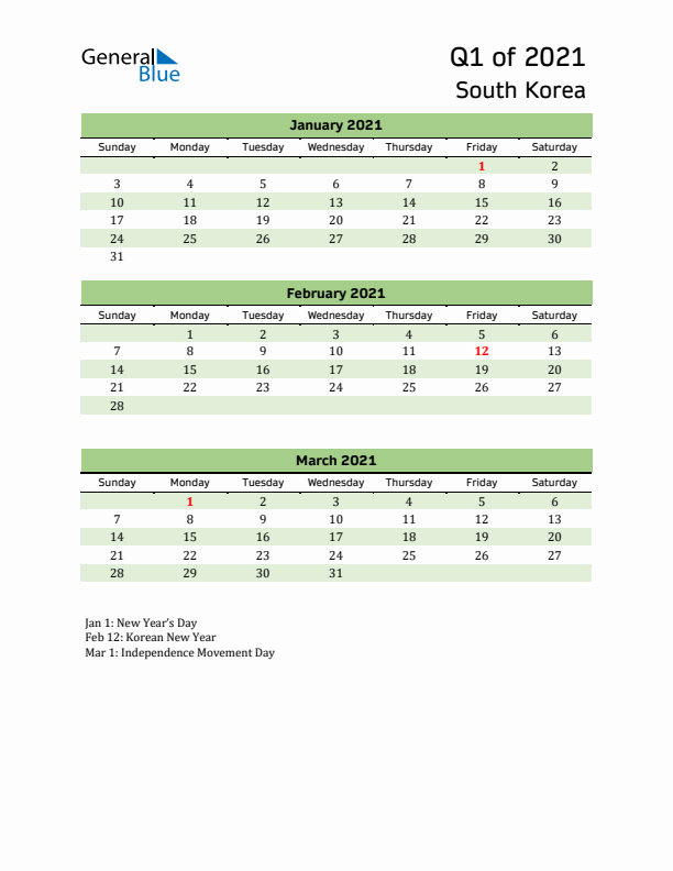 Quarterly Calendar 2021 with South Korea Holidays