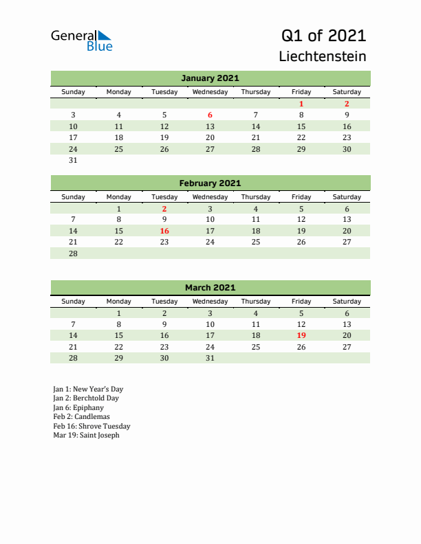 Quarterly Calendar 2021 with Liechtenstein Holidays