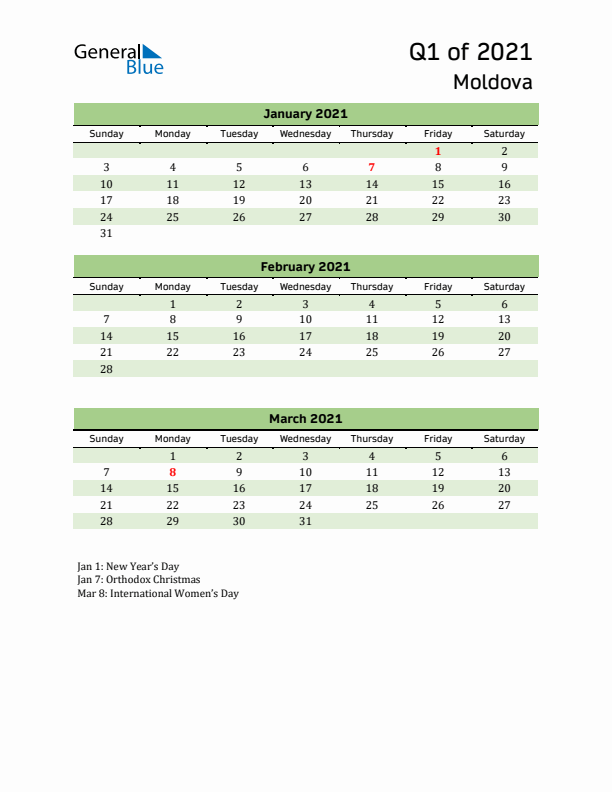 Quarterly Calendar 2021 with Moldova Holidays