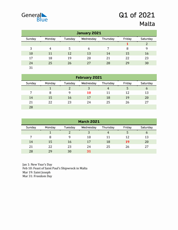 Quarterly Calendar 2021 with Malta Holidays