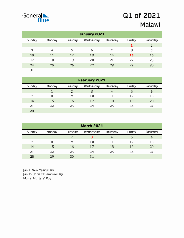 Quarterly Calendar 2021 with Malawi Holidays