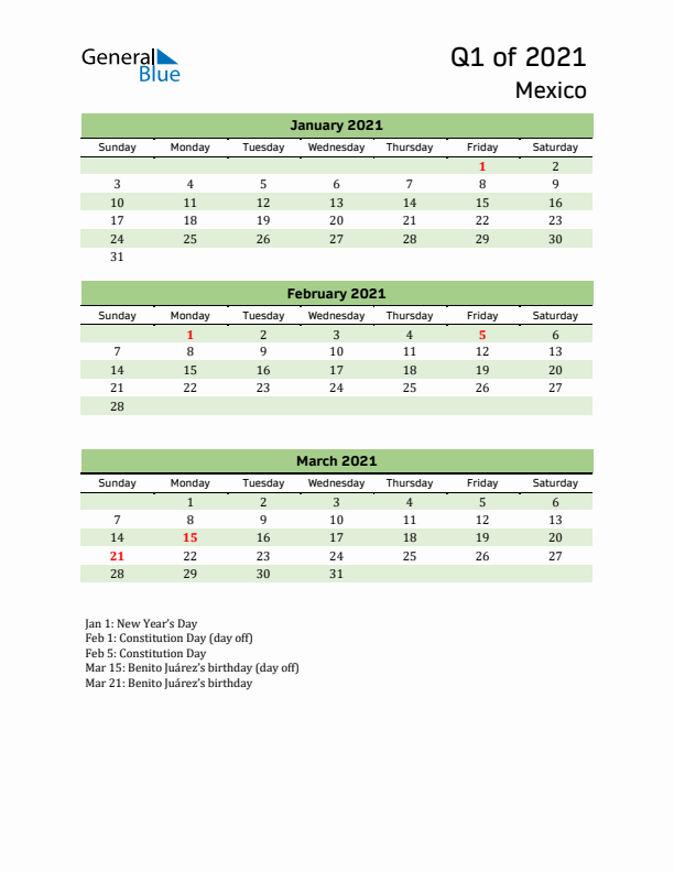 Quarterly Calendar 2021 with Mexico Holidays