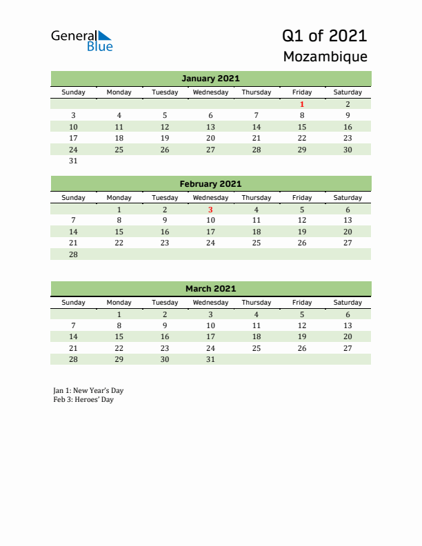 Quarterly Calendar 2021 with Mozambique Holidays