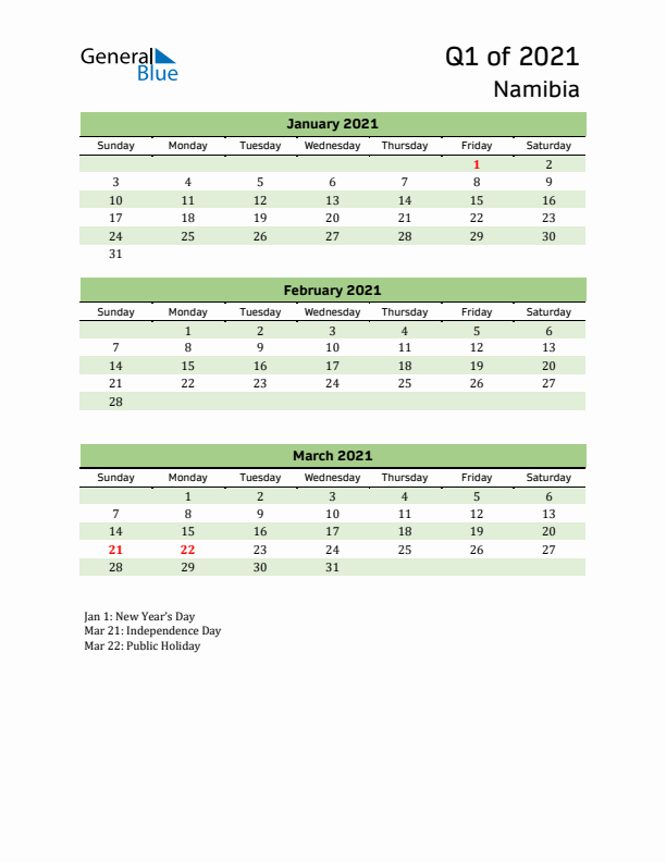 Quarterly Calendar 2021 with Namibia Holidays