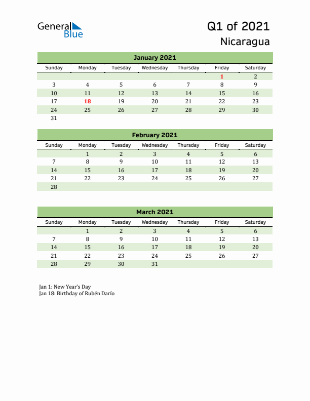 Quarterly Calendar 2021 with Nicaragua Holidays