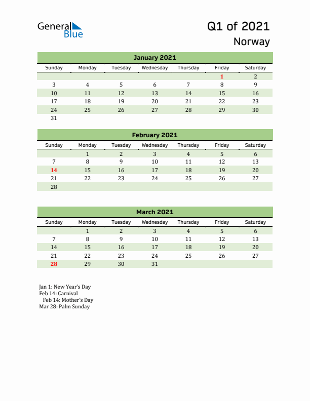 Quarterly Calendar 2021 with Norway Holidays