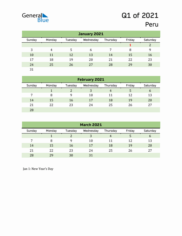 Quarterly Calendar 2021 with Peru Holidays