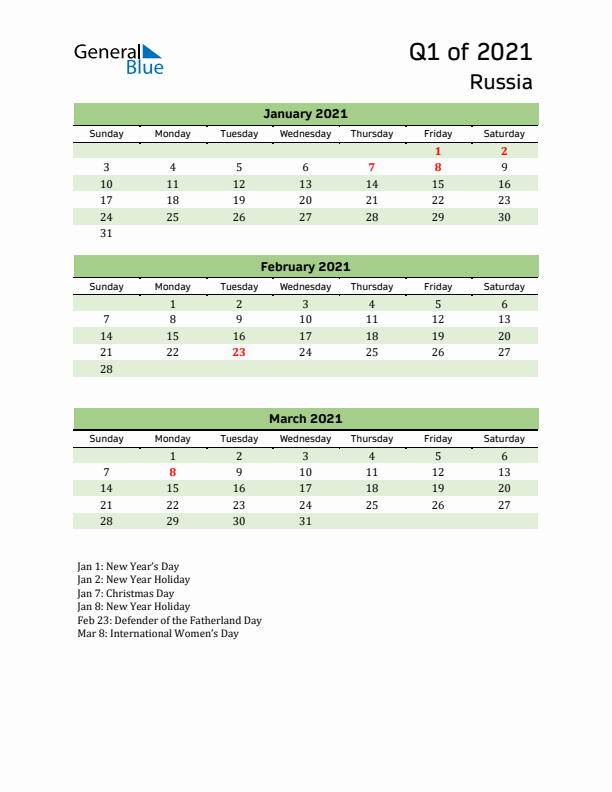 Quarterly Calendar 2021 with Russia Holidays