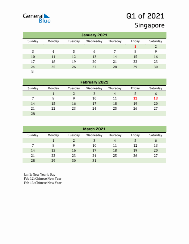 Quarterly Calendar 2021 with Singapore Holidays