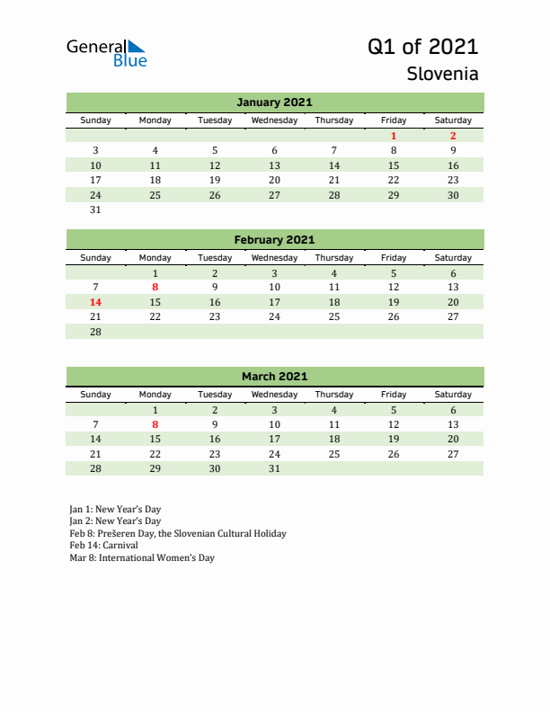 Quarterly Calendar 2021 with Slovenia Holidays