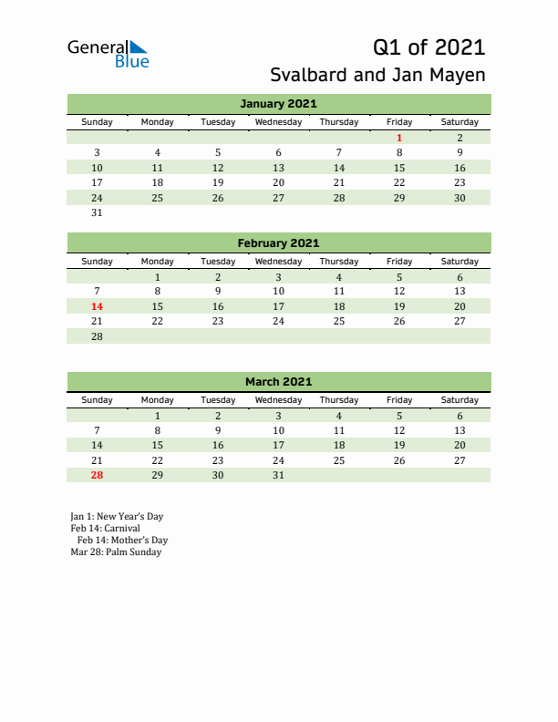 Quarterly Calendar 2021 with Svalbard and Jan Mayen Holidays