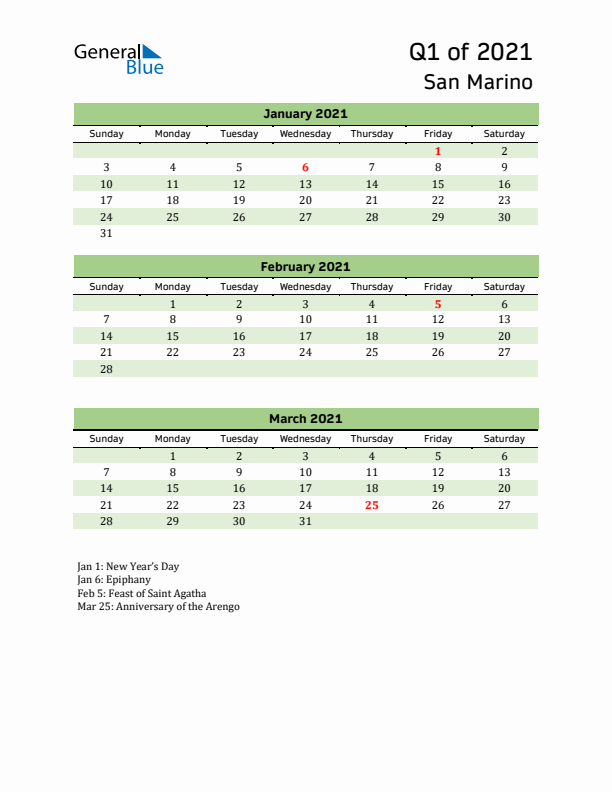 Quarterly Calendar 2021 with San Marino Holidays