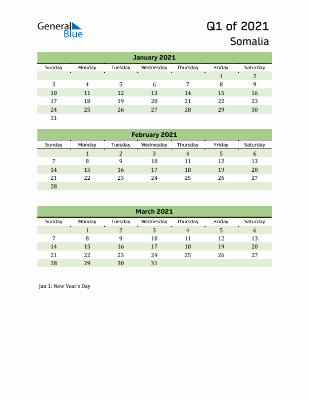 Quarterly Calendar 2021 with Somalia Holidays