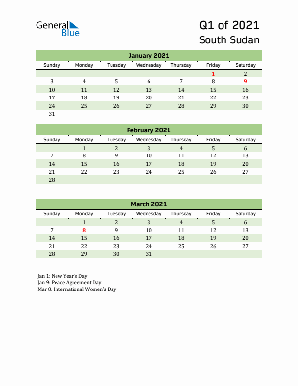 Quarterly Calendar 2021 with South Sudan Holidays