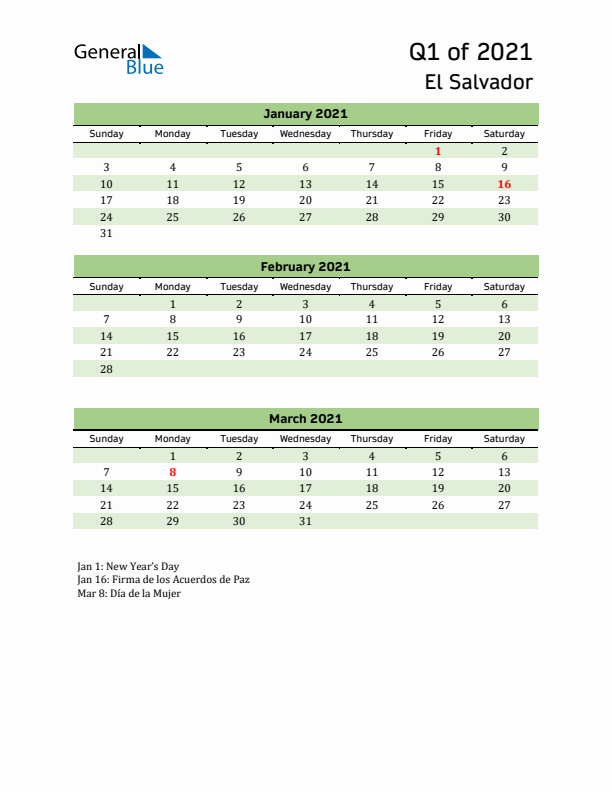 Quarterly Calendar 2021 with El Salvador Holidays