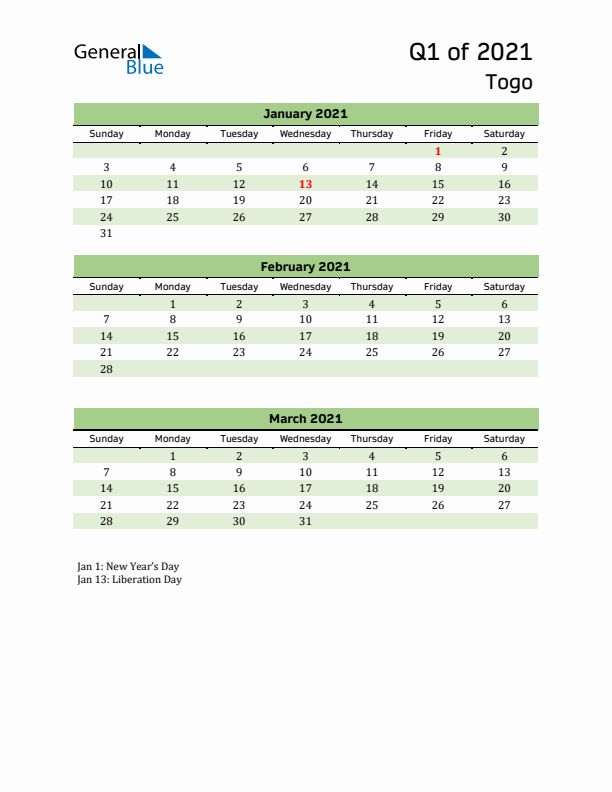 Quarterly Calendar 2021 with Togo Holidays