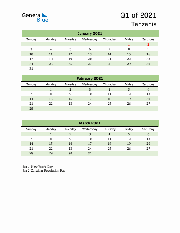 Quarterly Calendar 2021 with Tanzania Holidays