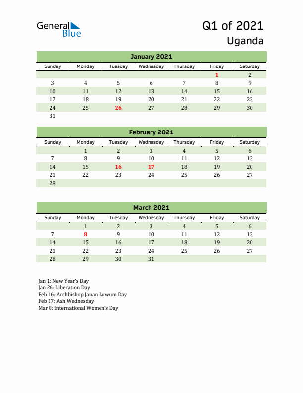 Quarterly Calendar 2021 with Uganda Holidays