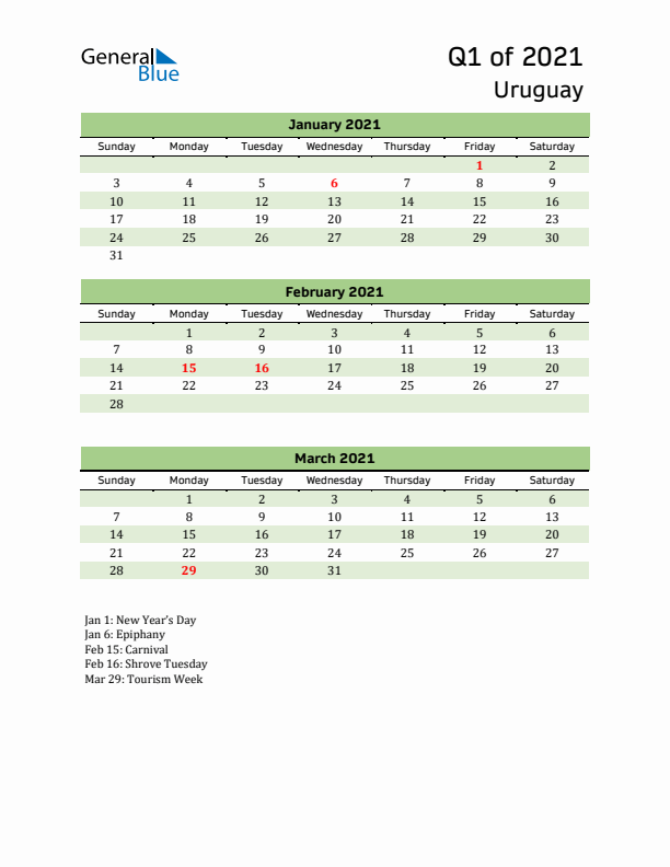 Quarterly Calendar 2021 with Uruguay Holidays