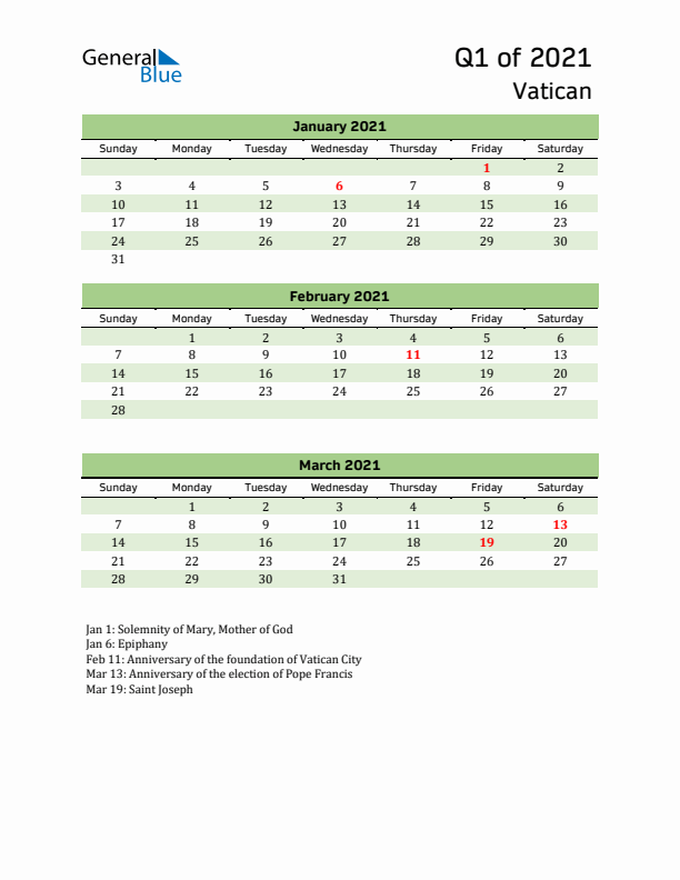 Quarterly Calendar 2021 with Vatican Holidays