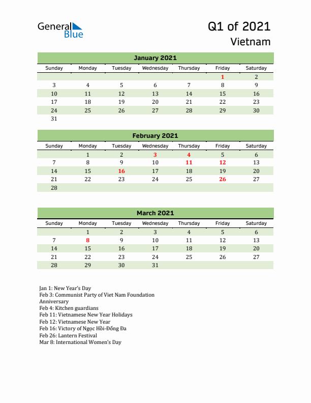 Quarterly Calendar 2021 with Vietnam Holidays