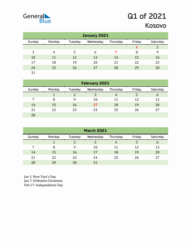 Quarterly Calendar 2021 with Kosovo Holidays